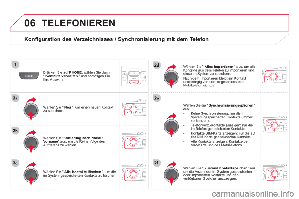 CITROEN DS4 2014 Betriebsanleitungen (in German) 06 TELEFONIEREN
Konfiguration des Verzeichnisses / Synchronisierung mit dem Telefon
Drücken Sie auf PHONE
, wählen Sie dann
" Kontakte verwalten
" und bestätigen Sie
Ihre Auswahl. CITROEN DS4 2014 Betriebsanleitungen (in German) 06 TELEFONIEREN
Konfiguration des Verzeichnisses / Synchronisierung mit dem Telefon
Drücken Sie auf PHONE
, wählen Sie dann
" Kontakte verwalten
" und bestätigen Sie
Ihre Auswahl.