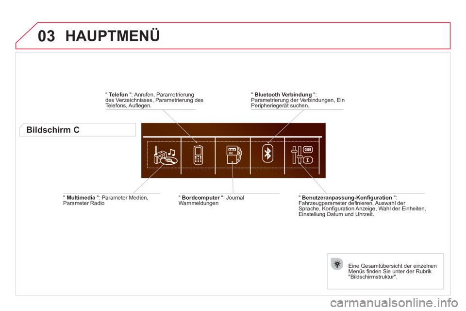 CITROEN DS4 2014 Betriebsanleitungen (in German) 03
" Multimedia
": Parameter Medien,
Parameter Radio
" Bordcomputer
": Journal
Warnmeldungen
Eine Gesamtübersicht der einzelnen
Menüs fi nden Sie unter der Rubrik
"Bildschi CITROEN DS4 2014 Betriebsanleitungen (in German) 03
" Multimedia
": Parameter Medien,
Parameter Radio
" Bordcomputer
": Journal
Warnmeldungen
Eine Gesamtübersicht der einzelnen
Menüs fi nden Sie unter der Rubrik
"Bildschi