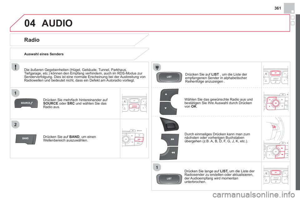 CITROEN DS4 2014 Betriebsanleitungen (in German) 361
04 AUDIO
Drücken Sie mehrfach hintereinander auf
SOURCE
oder SRC
und wählen Sie das
Radio aus.
Drücken Sie auf BAND
, um einen
Wellenbereich auszuwählen.
Drücken CITROEN DS4 2014 Betriebsanleitungen (in German) 361
04 AUDIO
Drücken Sie mehrfach hintereinander auf
SOURCE
oder SRC
und wählen Sie das
Radio aus.
Drücken Sie auf BAND
, um einen
Wellenbereich auszuwählen.
Drücken