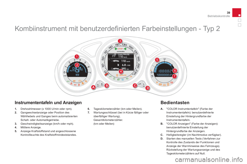 CITROEN DS4 2014  Betriebsanleitungen (in German) 39Betriebskontrolle
   
 
1. 
  Drehzahlmesser (x 1000 U/min oder rpm). 
   
2. 
  Gangwechselanzeige oder Position des 
Wählhebels und Ganges beim automatisier ten 
Schalt- oder Automatikgetriebe. 
