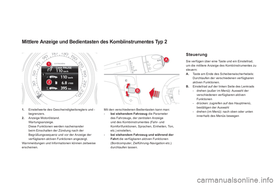 CITROEN DS4 2014  Betriebsanleitungen (in German)    
 
 
 
 
 
 
 
 
 
 
 
 
 
Mittlere Anzeige und Bedientasten des Kombiinstrumentes Typ 2 
 
 
 
 
1. 
  Einstellwer te des Geschwindigkeitsreglers und -
begrenzers. 
   
2. 
 Anzeige Motorölstand.