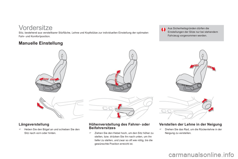 CITROEN DS4 2014  Betriebsanleitungen (in German)    
 
 
 
 
 
 
 
Vorder sit ze   
Sitz, bestehend aus verstellbarer Sitzfläche, Lehne und Kopfstütze zur individuellen Einstellung der optimalen 
Fahr- und Komfor tposition.  
 
 
Manuelle Einstell