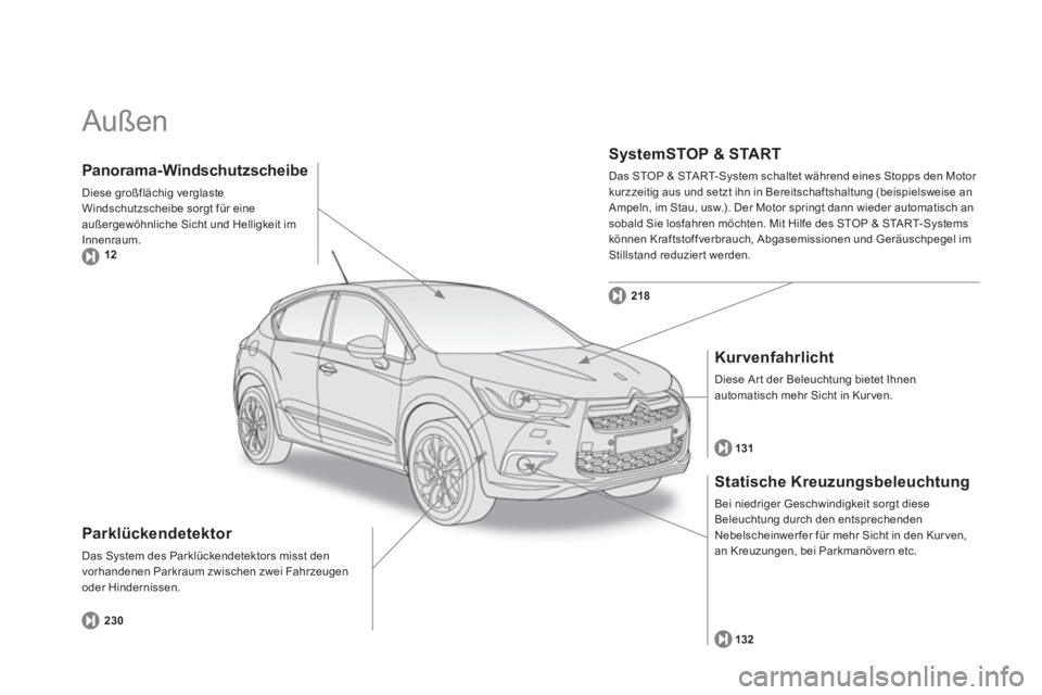 CITROEN DS4 2014  Betriebsanleitungen (in German)   Außen  
 
 
Parklückendetektor 
 
Das System des Parklückendetektors misst den 
vorhandenen Parkraum zwischen zwei Fahrzeugen 
oder Hindernissen. 
   
SystemSTOP & START 
 
Das STOP & START-Syste