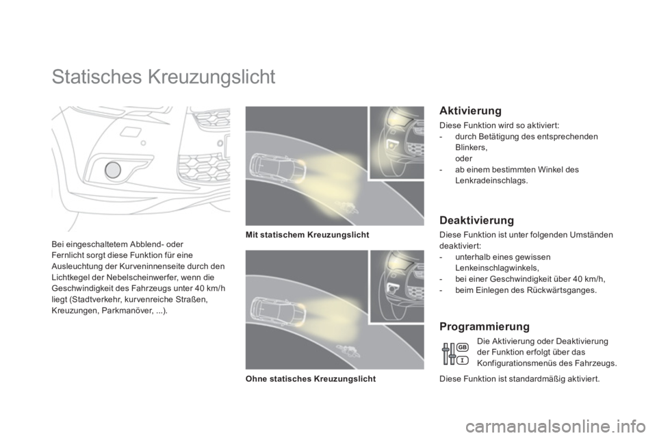 CITROEN DS4 2013 Betriebsanleitungen (in German)
Statisches Kreuzungslicht
Bei eingeschaltetem Abblend- oder
Fernlicht sorgt diese Funktion für eine Ausleuchtung der Kur veninnenseite durch denLichtkegel der Nebelscheinwer fer, CITROEN DS4 2013 Betriebsanleitungen (in German)
Statisches Kreuzungslicht
Bei eingeschaltetem Abblend- oder
Fernlicht sorgt diese Funktion für eine Ausleuchtung der Kur veninnenseite durch denLichtkegel der Nebelscheinwer fer,