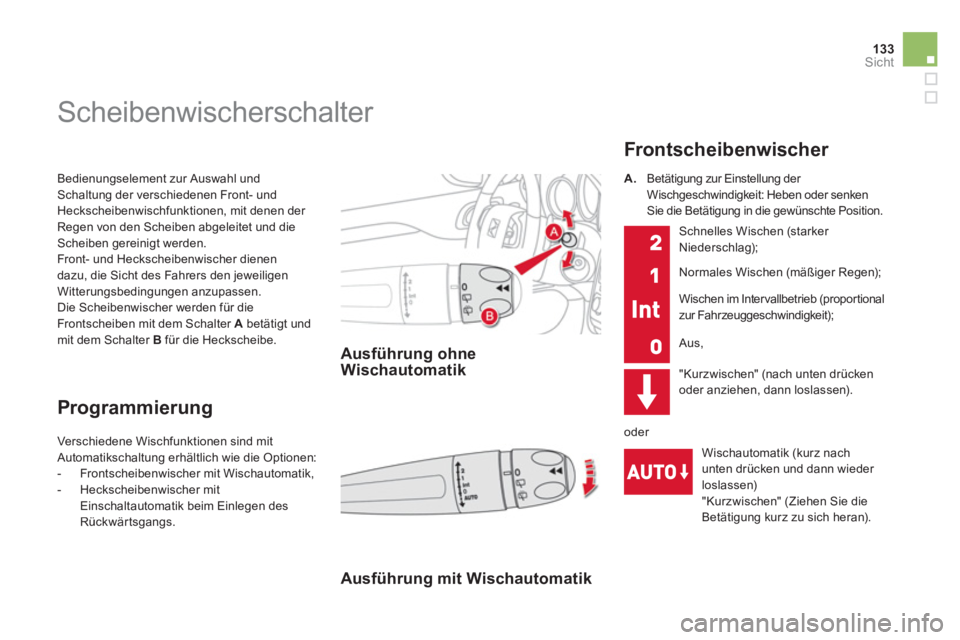 CITROEN DS4 2013 Betriebsanleitungen (in German) 133Sicht
Bedienungselement zur Auswahl und Schaltung der verschiedenen Front- und Heckscheibenwischfunktionen, mit denen der Regen von den Scheiben abgeleitet und dieScheiben gereinigt werden.
Fron CITROEN DS4 2013 Betriebsanleitungen (in German) 133Sicht
Bedienungselement zur Auswahl und Schaltung der verschiedenen Front- und Heckscheibenwischfunktionen, mit denen der Regen von den Scheiben abgeleitet und dieScheiben gereinigt werden.
Fron