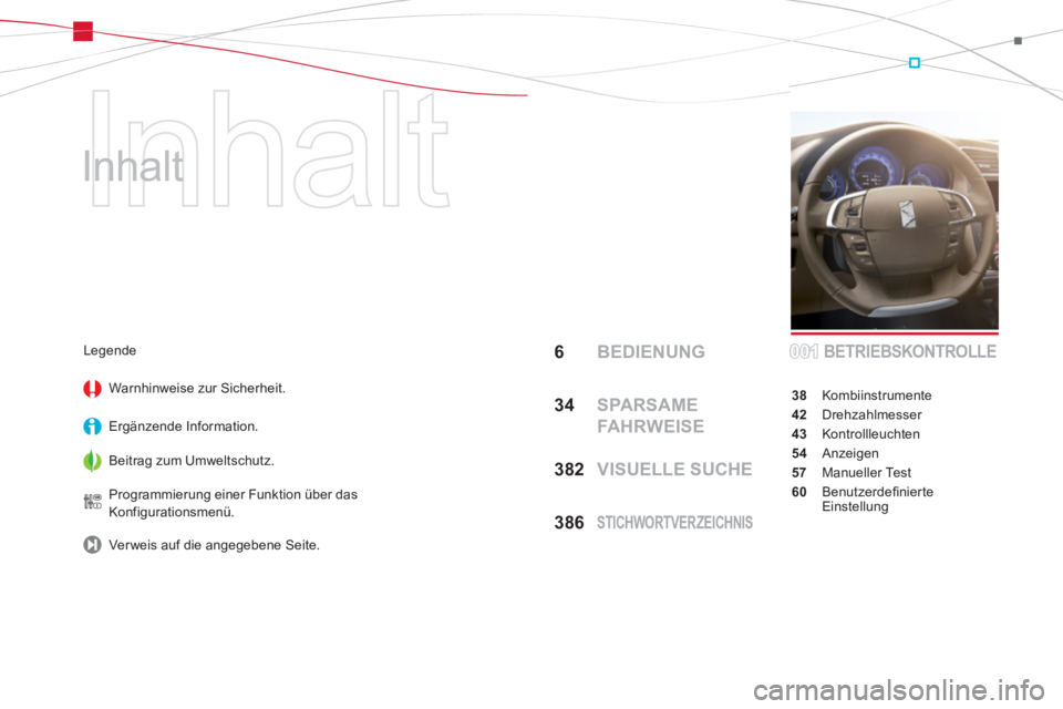 CITROEN DS4 2013  Betriebsanleitungen (in German)   Inhalt 
   
Inhalt  
6 BEDIENUNG
34  SPARSAME 
FA H R W E I S E
382  VISUELLE SUCHE
38
6   STICHWORTVERZEICHNIS
BETRIEBSKONTROLLE
38 Kombiinstrumente
42 Drehzahlmesser
43Kontrollleuchten
54Anzeigen
