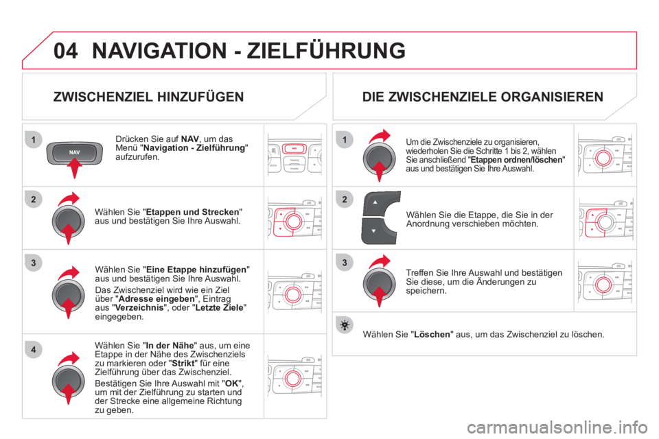 CITROEN DS4 2013  Betriebsanleitungen (in German) 04
1
4
3
1
3
22
NAVIGATION - ZIELFÜHRUNG 
   
ZWISCHENZIEL HINZUFÜGEN 
 
 
Drücken Sie auf NAV, um dasMenü "Navigation - Zielführung 
" aufzurufen.  
W
ählen Sie " Etappen und Strecken 
" aus un