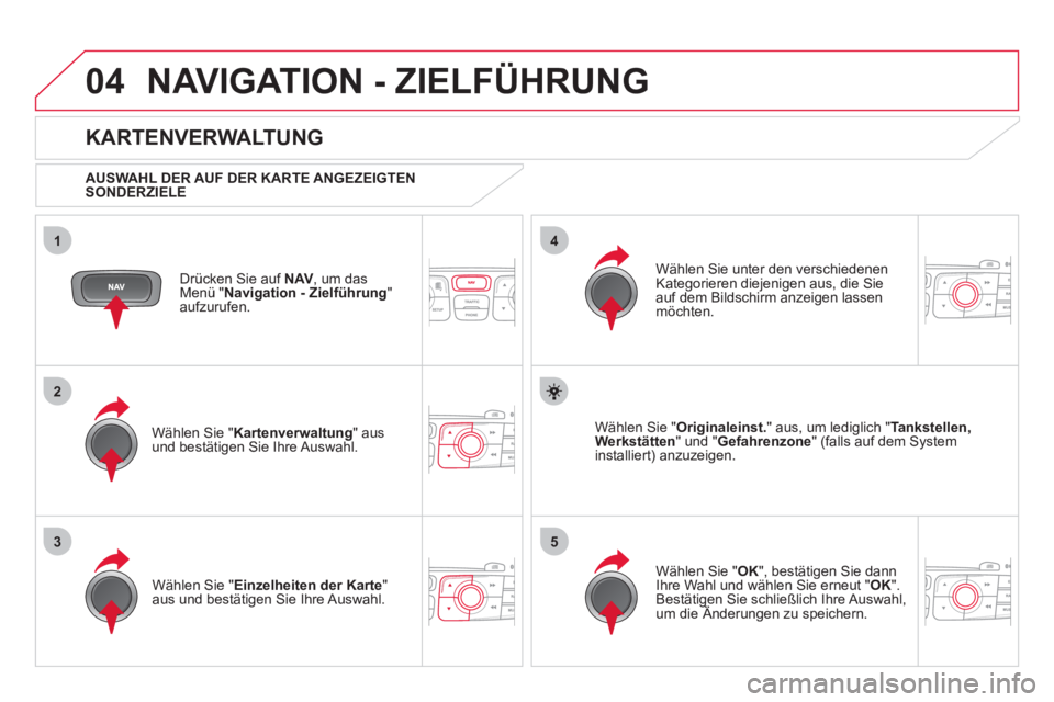 CITROEN DS4 2013  Betriebsanleitungen (in German) 04
35
1
2
4
NAVIGATION - ZIELFÜHRUNG 
Drücken Sie auf  NAV, um dasMenü " Navigation - Zielführung"aufzurufen.
 
 
KARTENVERWALTUNG 
 
 
AUSWAHL DER AUF DER KARTE ANGEZEIGTENSONDERZIELE  
Wählen 

