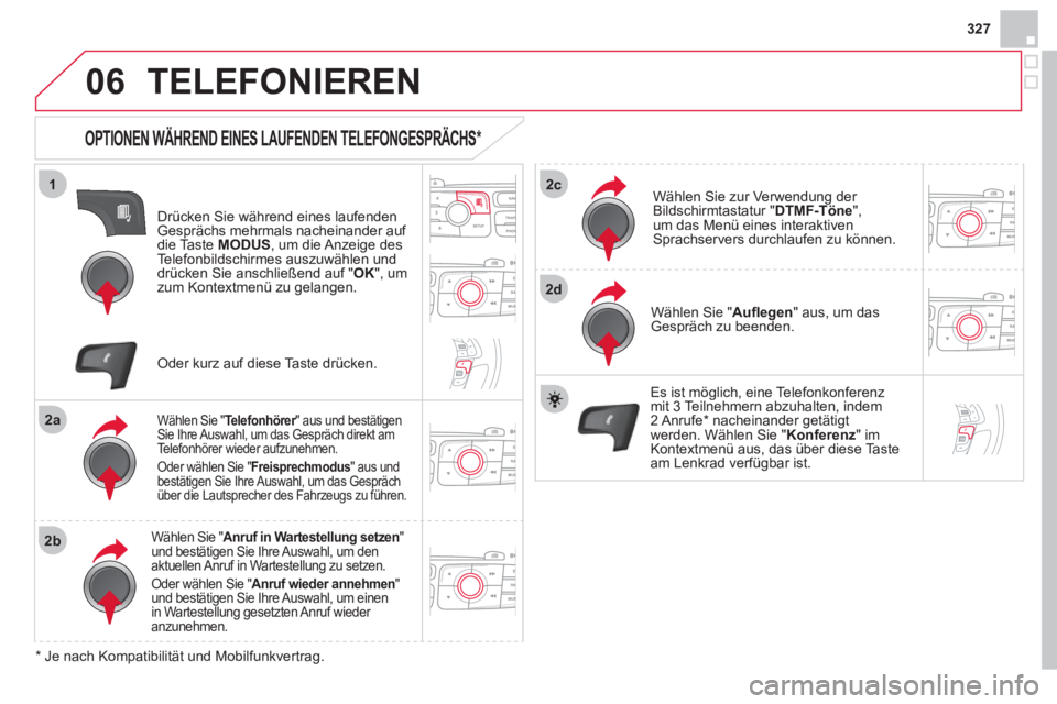 CITROEN DS4 2013 Betriebsanleitungen (in German) 327
06
1
2a
2b
2c
2d
TELEFONIEREN
OPTIONEN WÄHREND EINES LAUFENDEN TELEFONGESPRÄCHS *
Drücken Sie während eines laufenden
Gesprächs mehrmals nacheinander auf die Ta ste MODUS , um die Anz CITROEN DS4 2013 Betriebsanleitungen (in German) 327
06
1
2a
2b
2c
2d
TELEFONIEREN
OPTIONEN WÄHREND EINES LAUFENDEN TELEFONGESPRÄCHS *
Drücken Sie während eines laufenden
Gesprächs mehrmals nacheinander auf die Ta ste MODUS , um die Anz