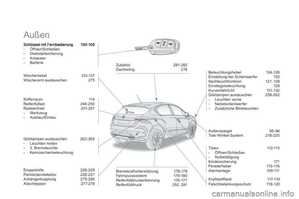 CITROEN DS4 2013  Betriebsanleitungen (in German)   Außen  
-  Öffnen/Schließen 
-  Diebstahlsicherung-  Anlassen 
-  Batterie
 
 
Beleuchtungshebel 124-128
  Einstellung der Scheinwerfer 130
  Nachleuchtfunktion 127, 128
  Einstiegsbeleuchtung 12