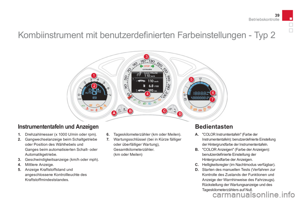 CITROEN DS4 2013  Betriebsanleitungen (in German) 39Betriebskontrolle
1.   Drehzahlmesser (x 1000 U/min oder rpm). 2.Gangwechselanzeige beim Schaltgetriebe oder Position des Wählhebels und Ganges beim automatisierten Schalt- oder Automatikgetriebe.3