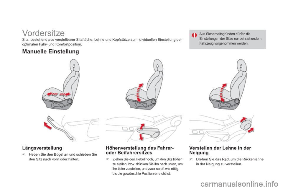 CITROEN DS4 2013  Betriebsanleitungen (in German)    
 
 
 
 
 
 
 
Vorder sit ze  Sitz, bestehend aus verstellbarer Sitzfläche, Lehne und Kopfstütze zur individuellen Einstellung der 
optimalen Fahr- und Komfortposition. 
Manuelle Einstellung
Län