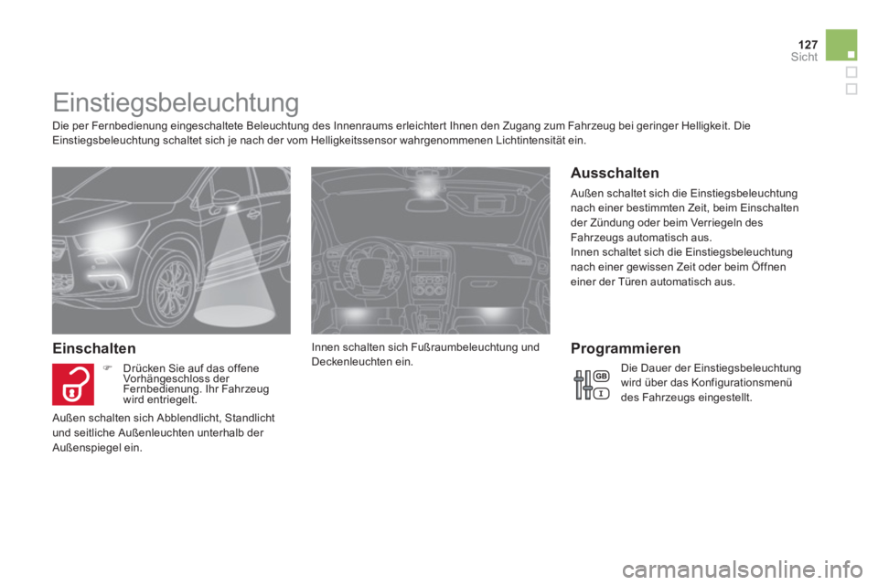 CITROEN DS4 2011  Betriebsanleitungen (in German) 127Sicht
   
 
 
 
 
 
 
 
 
 
 
Einstiegsbeleuchtung 
 
 
Die per Fernbedienung eingeschaltete Beleuchtung des Innenraums erleichtert Ihnen den Zugang zum Fahrzeug bei geringer Helligkeit. Die 
Einst