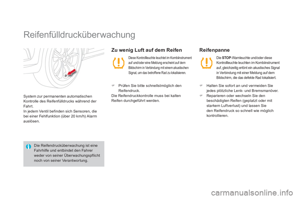 CITROEN DS4 2011  Betriebsanleitungen (in German)    
 
 
 
 
 
 
Reifenfülldrucküber wachung 
 
System zur permanenten automatischen 
Kontrolle des Reifenfülldrucks während der 
Fahr t. 
  In jedem Ventil befinden sich Sensoren, die 
bei einer F