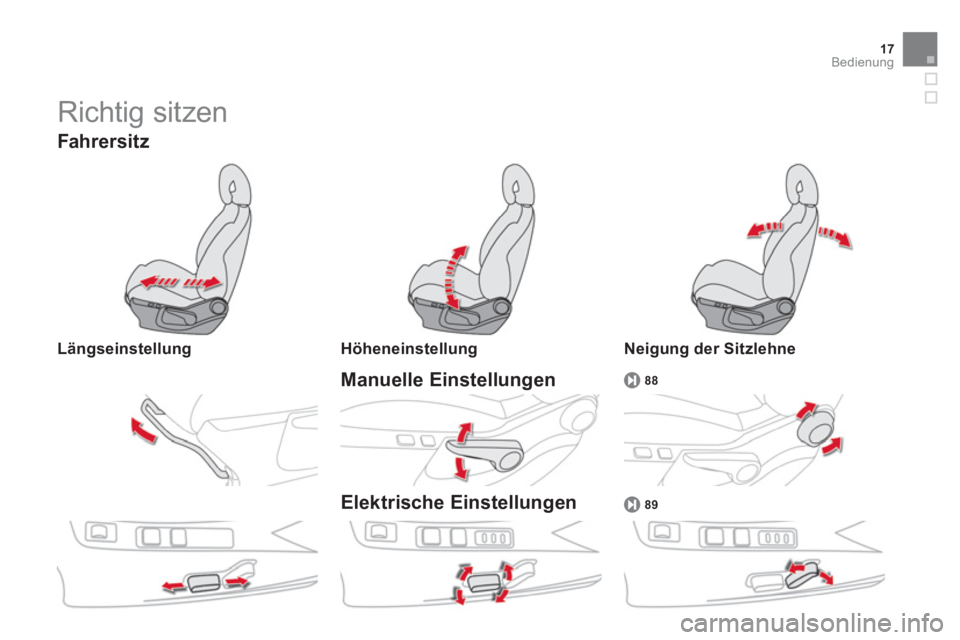 CITROEN DS4 2011  Betriebsanleitungen (in German) 17Bedienung
  Richtig sitzen 
 
 
Manuelle Einstellungen  
 
 
 
88 
 
 
 
 
Fahrersit z 
 
 
Längseinstellung    
Höheneinstellung  
 
 
 
Elektrische Einstellungen 
 
 
Neigung der Sitzlehne  
 
 