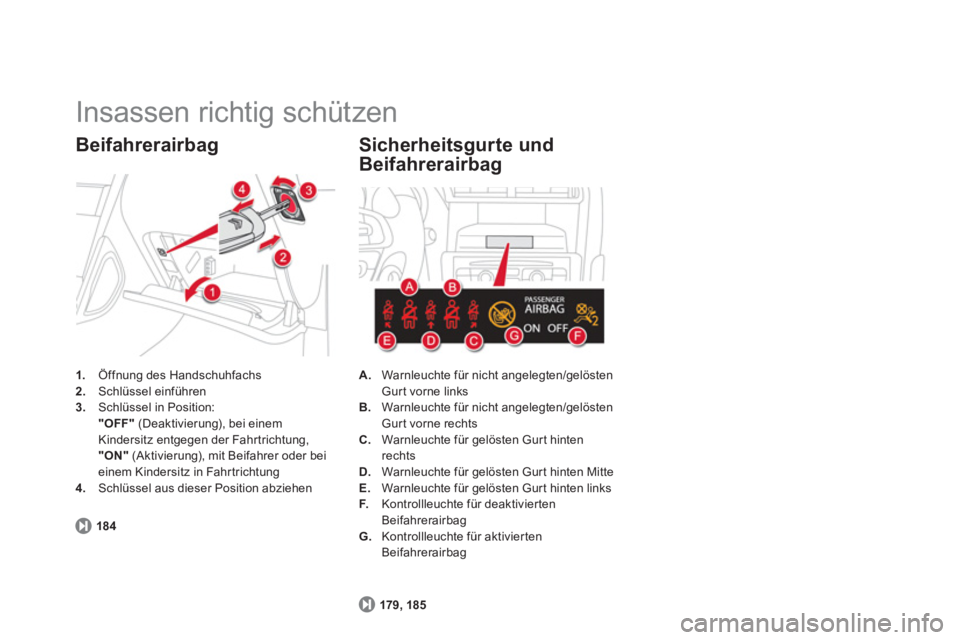 CITROEN DS4 2011  Betriebsanleitungen (in German)   Insassen richtig schützen 
 
 
 
1. 
  Öffnung des Handschuhfachs 
   
2. 
 Schlüssel einführen 
   
3. 
  Schlüssel in Position:  
  "OFF" 
 (Deaktivierung), bei einem 
Kindersitz entgegen der