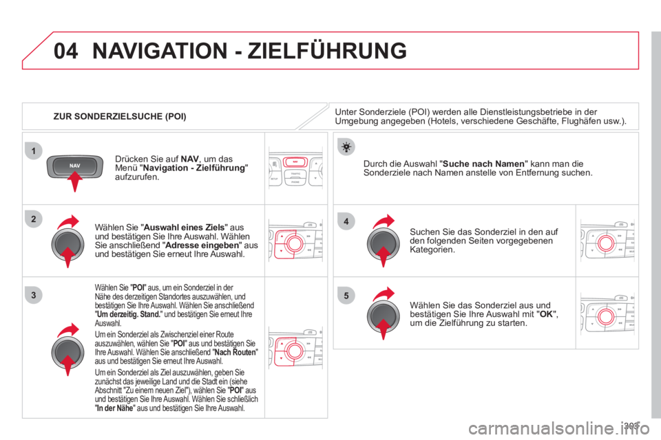 CITROEN DS4 2011 Betriebsanleitungen (in German) 303
04
1
3
4
5
2
ZUR SONDERZIELSUCHE (POI)
NAVIGATION - ZIELFÜHRUNG
Unter Sonderziele (POI) werden alle Dienstleistungsbetriebe in der
Umgebung angegeben (Hotels, verschiedene Geschäfte CITROEN DS4 2011 Betriebsanleitungen (in German) 303
04
1
3
4
5
2
ZUR SONDERZIELSUCHE (POI)
NAVIGATION - ZIELFÜHRUNG
Unter Sonderziele (POI) werden alle Dienstleistungsbetriebe in der
Umgebung angegeben (Hotels, verschiedene Geschäfte