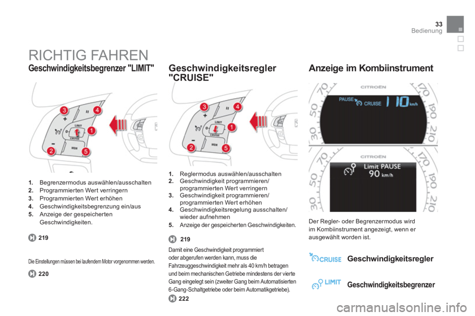 CITROEN DS4 2011  Betriebsanleitungen (in German) 33Bedienung
  RICHTIG FAHREN 
 
 
 
1. 
 Begrenzermodus auswählen/ausschalten 
   
2. 
 Programmierten Wert verringern 
   
3. 
 Programmierten Wert erhöhen 
   
4. 
 Geschwindigkeitsbegrenzung ein/