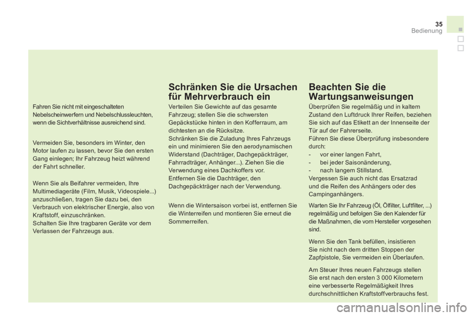 CITROEN DS4 2011  Betriebsanleitungen (in German) 35
   
Schränken Sie die Ursachen 
für Mehrverbrauch ein 
   
Ver teilen Sie Gewichte auf das gesamte 
Fahrzeug; stellen Sie die schwersten 
Gepäckstücke hinten in den Kofferraum, am 
dichtesten a