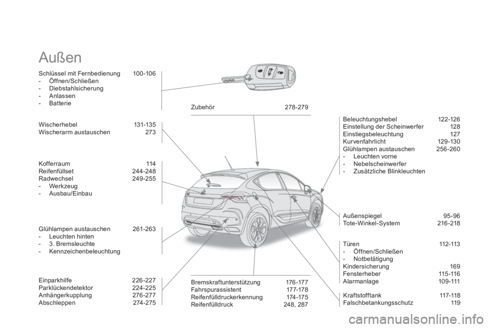 CITROEN DS4 2011 Betriebsanleitungen (in German) Außen
Schlüssel mit Fernbedienung 100 -106
- Öffnen/Schließen
- Diebstahlsicherung
- Anlassen
- Batterie
Beleuchtungshebel 12 2-126
Einstellung der Sc CITROEN DS4 2011 Betriebsanleitungen (in German) Außen
Schlüssel mit Fernbedienung 100 -106
- Öffnen/Schließen
- Diebstahlsicherung
- Anlassen
- Batterie
Beleuchtungshebel 12 2-126
Einstellung der Sc