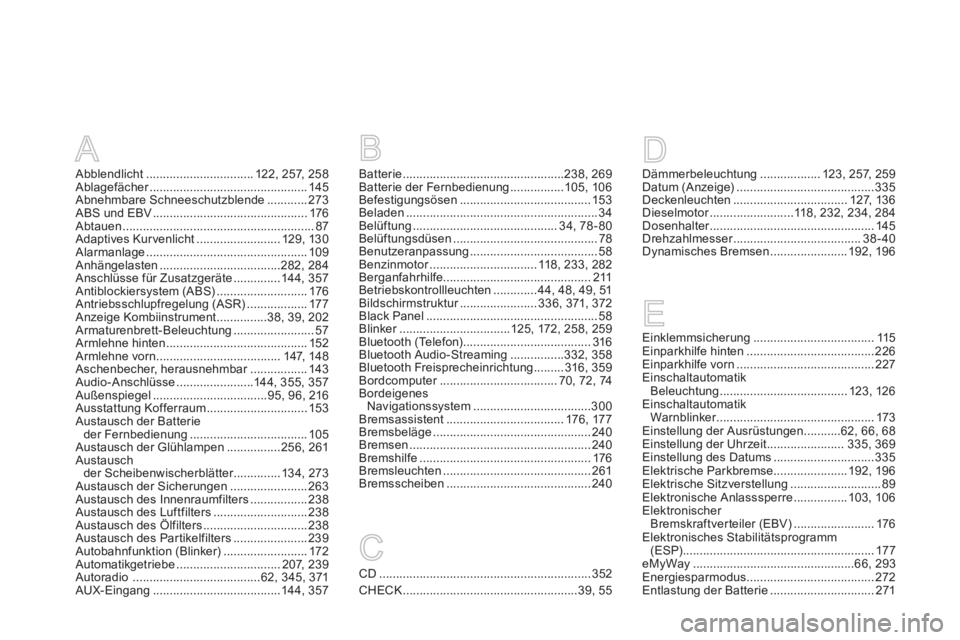 CITROEN DS4 2011  Betriebsanleitungen (in German) A
Abblendlicht ................................ 122, 257, 258
Ablagefächer ............................................... 145
Abnehmbare Schneeschutzblende ............ 273
ABS und EBV .............