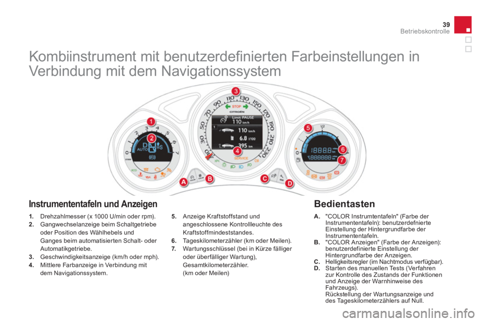 CITROEN DS4 2011  Betriebsanleitungen (in German) 39Betriebskontrolle
   
 
1. 
  Drehzahlmesser (x 1000 U/min oder rpm). 
   
2. 
  Gangwechselanzeige beim Schaltgetriebe 
oder Position des Wählhebels und 
Ganges beim automatisier ten Schalt- oder 