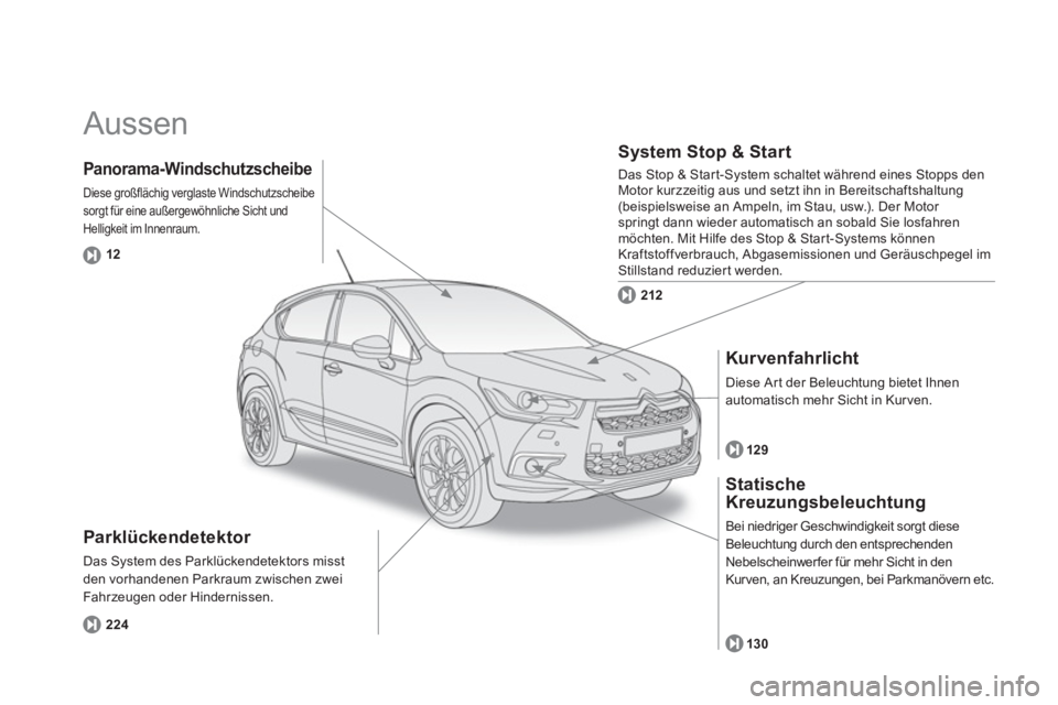 CITROEN DS4 2011  Betriebsanleitungen (in German)   Aussen  
 
 
Parklückendetektor 
 
Das System des Parklückendetektors misst 
den vorhandenen Parkraum zwischen zwei 
Fahrzeugen oder Hindernissen. 
   
System Stop & Start 
 
Das Stop & Start-Syst