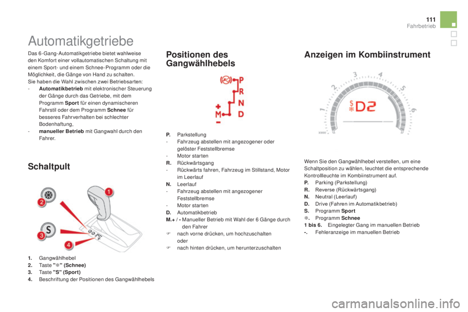 CITROEN DS5 2016 Betriebsanleitungen (in German) 111
DS5_de_Chap04_conduite_ed02-2015
anzeigen im Kombiinstrument
Wenn Sie den Gangwählhebel verstellen, um eine
Schaltposition zu wählen, leuchtet die entsprechende
Kontrollleuchte im Kombiinstrum CITROEN DS5 2016 Betriebsanleitungen (in German) 111
DS5_de_Chap04_conduite_ed02-2015
anzeigen im Kombiinstrument
Wenn Sie den Gangwählhebel verstellen, um eine
Schaltposition zu wählen, leuchtet die entsprechende
Kontrollleuchte im Kombiinstrum