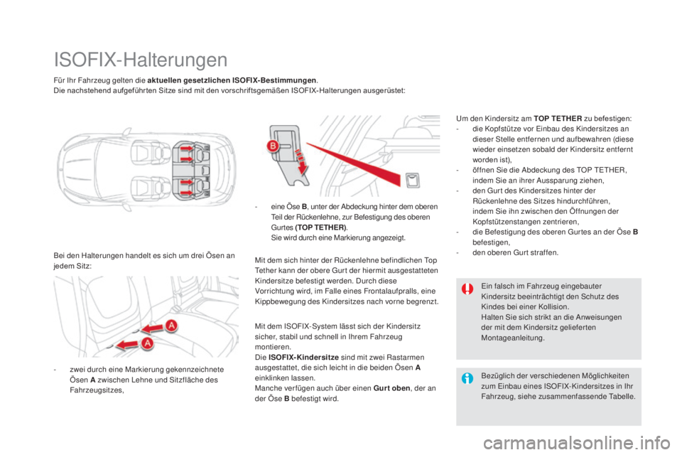 CITROEN DS5 2016 Betriebsanleitungen (in German) DS5_de_Chap06_securite-enfants_ed02-2015
Für Ihr Fahrzeug gelten die aktuellen gesetzlichen ISOFIX-Bestimmungen.
Die nachstehend aufgeführ ten Sitze sind mit den vorschriftsgemäßen ISOFIX-Halterun CITROEN DS5 2016 Betriebsanleitungen (in German) DS5_de_Chap06_securite-enfants_ed02-2015
Für Ihr Fahrzeug gelten die aktuellen gesetzlichen ISOFIX-Bestimmungen.
Die nachstehend aufgeführ ten Sitze sind mit den vorschriftsgemäßen ISOFIX-Halterun