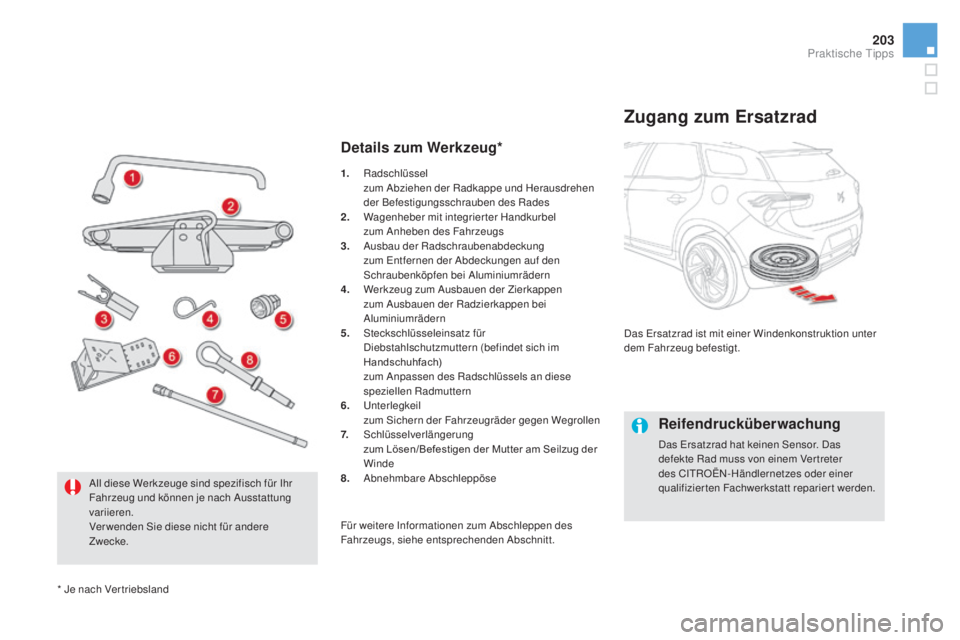CITROEN DS5 2016 Betriebsanleitungen (in German) 203
DS5_de_Chap08_info-pratiques_ed02-2015
Details zum werkzeug*
Zugang zum Ersatzrad
Das Ersatzrad ist mit einer Windenkonstruktion unter
dem Fahrzeug befestigt.
Reifendrucküberwachung
Das Ersatzra CITROEN DS5 2016 Betriebsanleitungen (in German) 203
DS5_de_Chap08_info-pratiques_ed02-2015
Details zum werkzeug*
Zugang zum Ersatzrad
Das Ersatzrad ist mit einer Windenkonstruktion unter
dem Fahrzeug befestigt.
Reifendrucküberwachung
Das Ersatzra