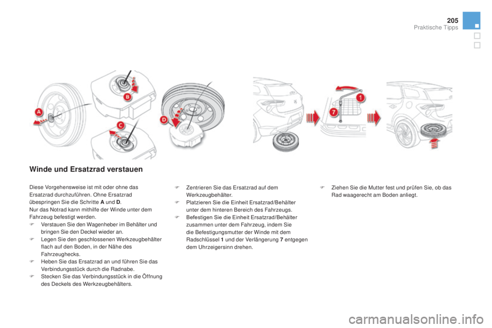 CITROEN DS5 2016 Betriebsanleitungen (in German) 205
DS5_de_Chap08_info-pratiques_ed02-2015
winde und Ersatzrad verstauen
Diese Vorgehensweise ist mit oder ohne das
Ersatzrad durchzuführen. Ohne Ersatzrad
übespringen Sie die Schritte
a un
d D.
CITROEN DS5 2016 Betriebsanleitungen (in German) 205
DS5_de_Chap08_info-pratiques_ed02-2015
winde und Ersatzrad verstauen
Diese Vorgehensweise ist mit oder ohne das
Ersatzrad durchzuführen. Ohne Ersatzrad
übespringen Sie die Schritte
a un
d D.