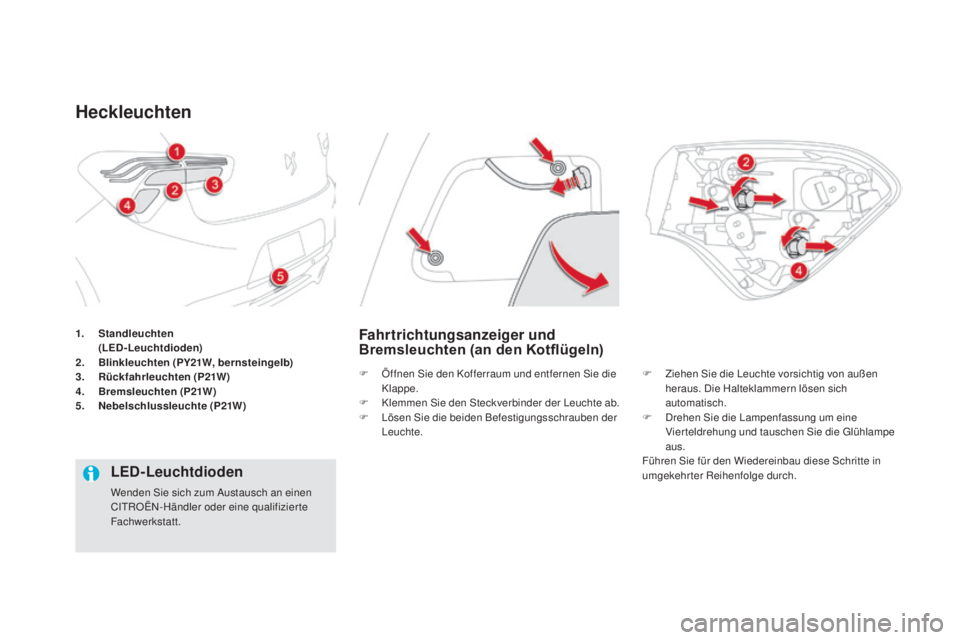 CITROEN DS5 2016 Betriebsanleitungen (in German) DS5_de_Chap08_info-pratiques_ed02-2015
1. Standleuchten (LE
D-Leuchtdioden)
2.
Bli
nkleuchten (PY21
w, be
rnsteingelb)
3.
Rück
fahrleuchten (P21
w)
4. Brem
sleuchten (P21
w)
5. Neb
elschlussl CITROEN DS5 2016 Betriebsanleitungen (in German) DS5_de_Chap08_info-pratiques_ed02-2015
1. Standleuchten (LE
D-Leuchtdioden)
2.
Bli
nkleuchten (PY21
w, be
rnsteingelb)
3.
Rück
fahrleuchten (P21
w)
4. Brem
sleuchten (P21
w)
5. Neb
elschlussl
