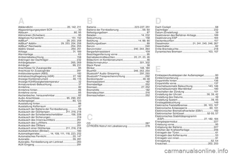 CITROEN DS5 2016  Betriebsanleitungen (in German) a
Abblendlicht ................................................20 , 142, 211
Abgasreinigungssystem SCR .................................... 30
Ab
tauen
 ...............................................