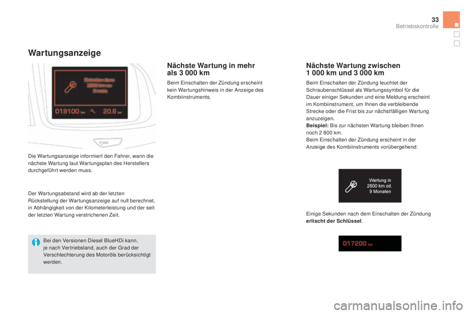 CITROEN DS5 2016  Betriebsanleitungen (in German) 33
wartungsanzeige
Nächste wartung in mehr  
als 3 00 0 km
Beim Einschalten der Zündung erscheint 
kein War tungshinweis in der Anzeige des 
Kombiinstruments.
Die War tungsanzeige informier t den Fa