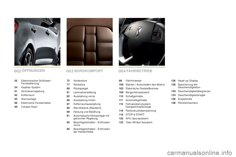 CITROEN DS5 2016  Betriebsanleitungen (in German) 002003004
DS5_de_Chap00a_sommaire_ed02-2015
BORDKOmFORT
ÖF
FNUNGEN
Fa hR B ET R I E B
72 Vordersitze
77 Rüc ksitze
80
 Rüc

kspiegel
81
 Le

nkradverstellung
82
 Auss

tattung vorne
86
 Auss

tattu