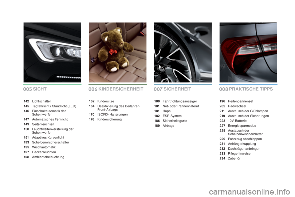 CITROEN DS5 2016  Betriebsanleitungen (in German) 005006007008
DS5_de_Chap00a_sommaire_ed02-2015
SIChERhEITP RaKTI SChE TI PPS
KINDERSIChERhEIT
S
IChT
142 Lichtschalter
14 5 Tag fahrlicht / Standlicht (LED)
14 6
 Einsc

haltautomatik der 
Scheinwerfe