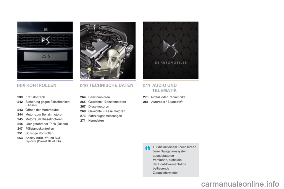 CITROEN DS5 2016 Betriebsanleitungen (in German) 009010011
DS5_de_Chap00a_sommaire_ed02-2015
KONTROLLEN TEChNIS ChE DaTENaUDI O UN D
TEL E
maTIK
239 Kraftstofftank
242 Sic herung gegen Falschtanken
(Diesel)
243
Öff
nen der Motorhaube
244
Mot
CITROEN DS5 2016 Betriebsanleitungen (in German) 009010011
DS5_de_Chap00a_sommaire_ed02-2015
KONTROLLEN TEChNIS ChE DaTENaUDI O UN D
TEL E
maTIK
239 Kraftstofftank
242 Sic herung gegen Falschtanken
(Diesel)
243
Öff
nen der Motorhaube
244
Mot