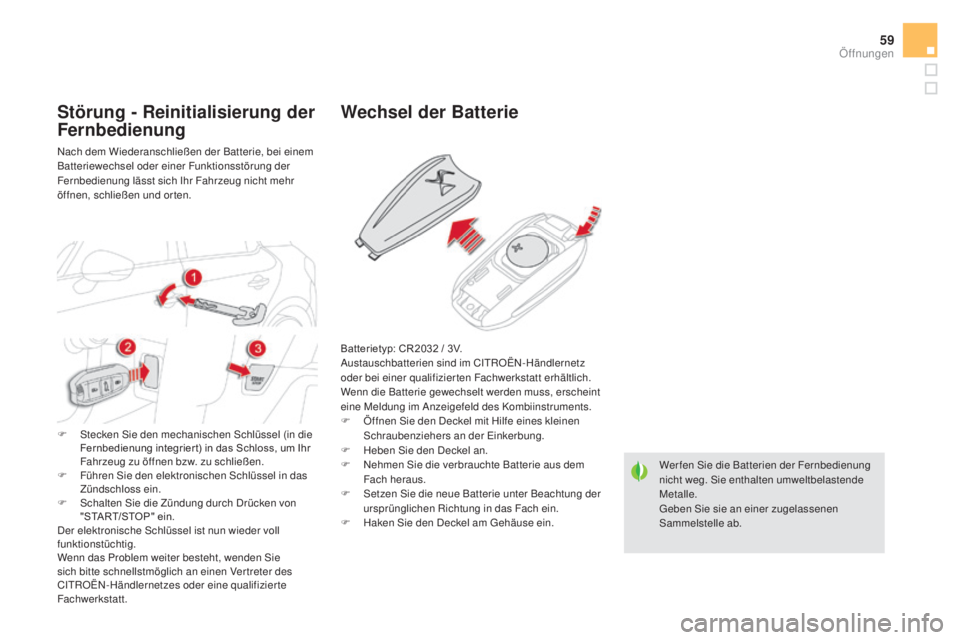 CITROEN DS5 2016 Betriebsanleitungen (in German) 59
DS5_de_Chap02_ouvertures_ed02-2015
Wer fen Sie die Batterien der Fernbedienung
nicht weg. Sie enthalten umweltbelastende
Metalle.
Geben Sie sie an einer zugelassenen
Sammelstelle ab.
wechsel der CITROEN DS5 2016 Betriebsanleitungen (in German) 59
DS5_de_Chap02_ouvertures_ed02-2015
Wer fen Sie die Batterien der Fernbedienung
nicht weg. Sie enthalten umweltbelastende
Metalle.
Geben Sie sie an einer zugelassenen
Sammelstelle ab.
wechsel der