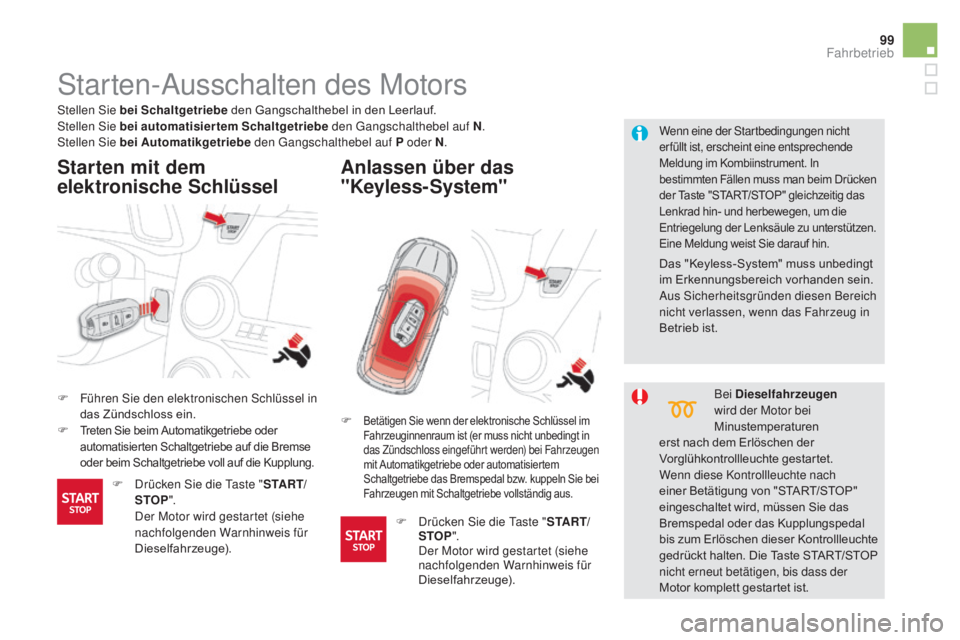 CITROEN DS5 2015 Betriebsanleitungen (in German) 99
DS5_de_Chap04_conduite_ed01-2015
Starten-Ausschalten des Motors
F Führen Sie den elektronischen Schlüssel in das Zündschloss ein.
F
Treten Sie beim Automatikgetriebe oder
automatisierten Scha CITROEN DS5 2015 Betriebsanleitungen (in German) 99
DS5_de_Chap04_conduite_ed01-2015
Starten-Ausschalten des Motors
F Führen Sie den elektronischen Schlüssel in das Zündschloss ein.
F
Treten Sie beim Automatikgetriebe oder
automatisierten Scha