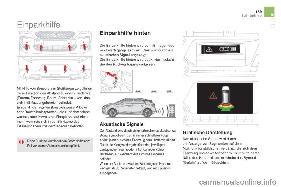 CITROEN DS5 2015  Betriebsanleitungen (in German) 139
DS5_de_Chap04_conduite_ed01-2015
Mit Hilfe von Sensoren im Stoßfänger zeigt Ihnen 
diese Funktion den Abstand zu einem Hindernis 
(Person, Fahrzeug, Baum, Schranke ...) an, das 
sich im Er fassu CITROEN DS5 2015  Betriebsanleitungen (in German) 139
DS5_de_Chap04_conduite_ed01-2015
Mit Hilfe von Sensoren im Stoßfänger zeigt Ihnen 
diese Funktion den Abstand zu einem Hindernis 
(Person, Fahrzeug, Baum, Schranke ...) an, das 
sich im Er fassu