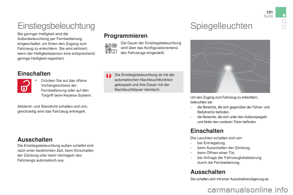 CITROEN DS5 2015  Betriebsanleitungen (in German) 151
DS5_de_Chap05_visibilite_ed01-2015
Einstiegsbeleuchtung
Bei geringer Helligkeit wird die 
Außenbeleuchtung per Fernbedienung 
eingeschaltet, um Ihnen den Zugang zum 
Fahrzeug zu erleichtern. Sie 