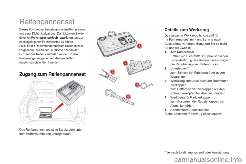 CITROEN DS5 2015 Betriebsanleitungen (in German) DS5_de_Chap08_info-pratiques_ed01-2015
Das Reifenpannenset ist im Staukasten unter
dem Kofferraumboden untergebracht.
Dieses Komplettset besteht aus einem Kompressor
und einer Dichtmittelpatrone. Da CITROEN DS5 2015 Betriebsanleitungen (in German) DS5_de_Chap08_info-pratiques_ed01-2015
Das Reifenpannenset ist im Staukasten unter
dem Kofferraumboden untergebracht.
Dieses Komplettset besteht aus einem Kompressor
und einer Dichtmittelpatrone. Da