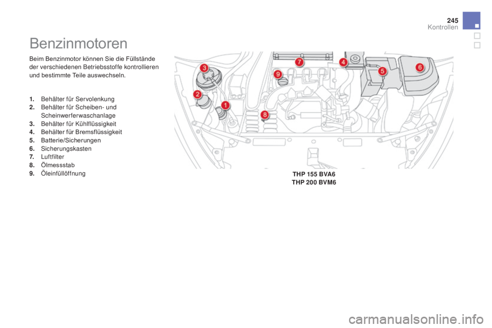 CITROEN DS5 2015 Betriebsanleitungen (in German) 245
DS5_de_Chap09_verifications_ed01-2015
Beim Benzinmotor können Sie die Füllstände
der verschiedenen Betriebsstoffe kontrollieren
und bestimmte Teile auswechseln.
Benzinmotoren
1. Behälter fü CITROEN DS5 2015 Betriebsanleitungen (in German) 245
DS5_de_Chap09_verifications_ed01-2015
Beim Benzinmotor können Sie die Füllstände
der verschiedenen Betriebsstoffe kontrollieren
und bestimmte Teile auswechseln.
Benzinmotoren
1. Behälter fü