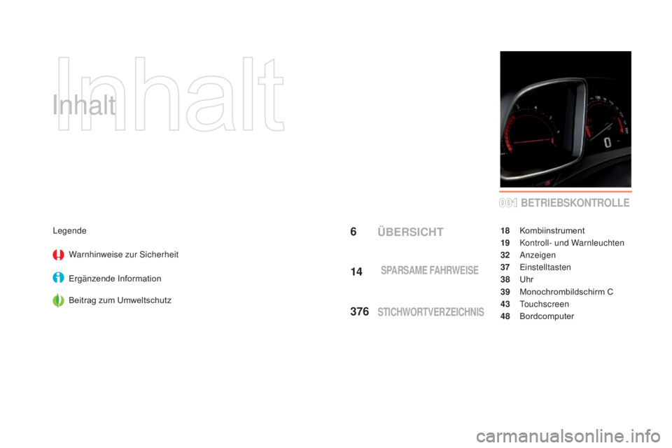 CITROEN DS5 2015  Betriebsanleitungen (in German) 001
DS5_de_Chap00a_sommaire_ed01-2015
Inhalt
6
14
376
BETRIEBSKONTROLLE
LegendeWarnhinweise zur Sicherheit
Ergänzende Information
Beitrag zum Umweltschutz 18 K
ombiinstrument
19
 K

ontroll- und Warn