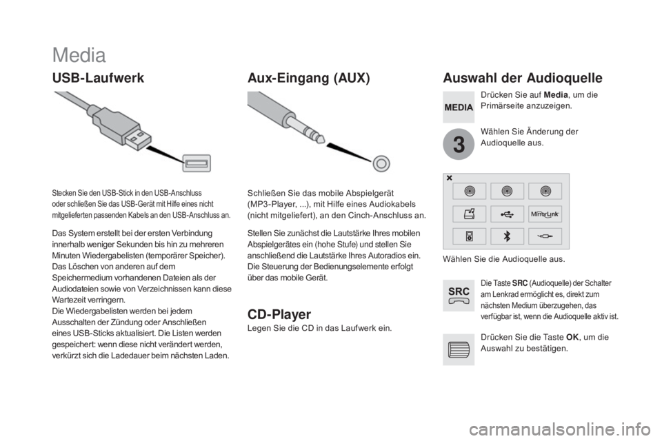 CITROEN DS5 2015 Betriebsanleitungen (in German) 3
DS5_de_Chap11c_SMEGplus_ed01-2015
Media
USB-Laufwerkauswahl der au dioquelle
Die Taste SRC (Audioquelle) der Schalter
am Lenkrad ermöglicht es, direkt zum
nächsten Medium überzugehen, das
ver CITROEN DS5 2015 Betriebsanleitungen (in German) 3
DS5_de_Chap11c_SMEGplus_ed01-2015
Media
USB-Laufwerkauswahl der au dioquelle
Die Taste SRC (Audioquelle) der Schalter
am Lenkrad ermöglicht es, direkt zum
nächsten Medium überzugehen, das
ver
