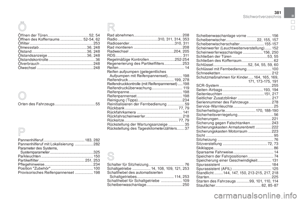 CITROEN DS5 2015 Betriebsanleitungen (in German) 381
DS5_de_Chap12_index-recherche_ed01-2015
Öffnen der Türen....................................... 52, 54
Öffnen des Kofferraums ..................... 5 2-54, 62
Ölfilter
................
.... CITROEN DS5 2015 Betriebsanleitungen (in German) 381
DS5_de_Chap12_index-recherche_ed01-2015
Öffnen der Türen....................................... 52, 54
Öffnen des Kofferraums ..................... 5 2-54, 62
Ölfilter
................
....