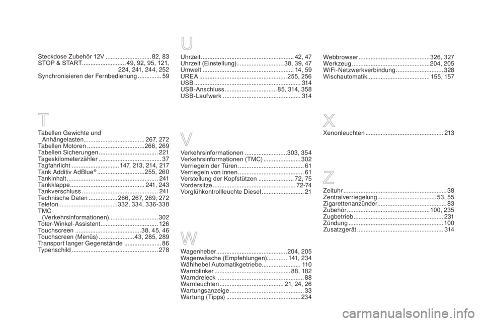 CITROEN DS5 2015 Betriebsanleitungen (in German) DS5_de_Chap12_index-recherche_ed01-2015
Xenonleuchten ..............................................2 13
Uhrzeit .......................................................42, 47
Uhrzeit (Einstellung) ... CITROEN DS5 2015 Betriebsanleitungen (in German) DS5_de_Chap12_index-recherche_ed01-2015
Xenonleuchten ..............................................2 13
Uhrzeit .......................................................42, 47
Uhrzeit (Einstellung) ...