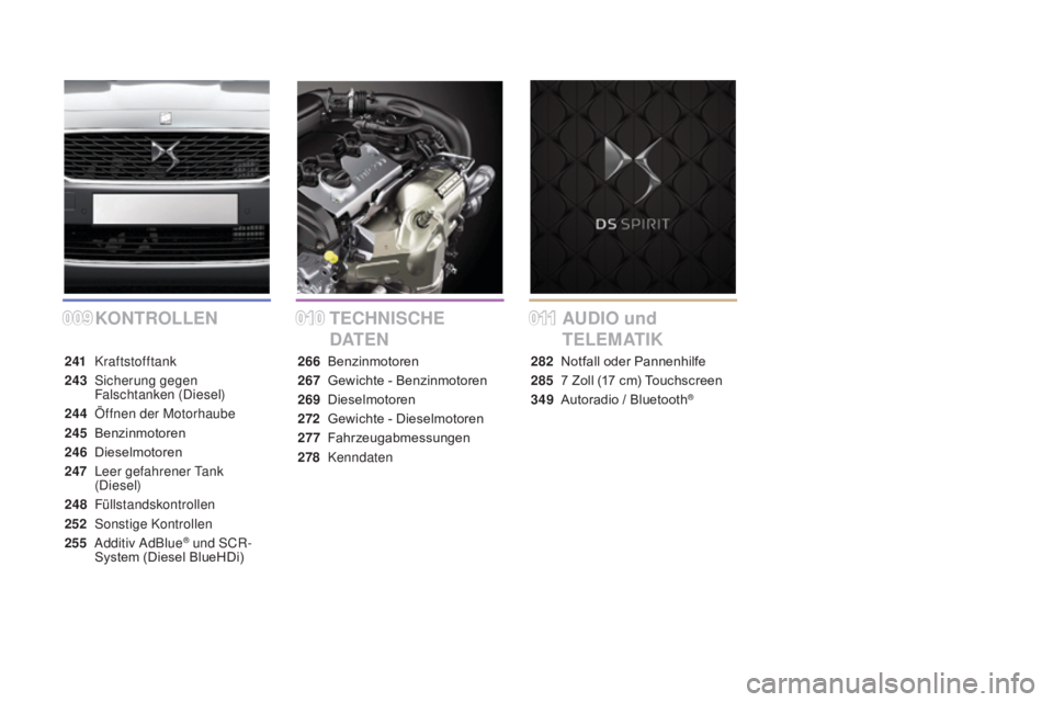 CITROEN DS5 2015 Betriebsanleitungen (in German) 0090100 11
DS5_de_Chap00a_sommaire_ed01-2015
KONTROLLENTEC hN ISC hE
D
a
T E NaU DIO und
T E L E
m
a T I K
241 Kraftstofftank
243
S
icherung gegen
Falschtanken (Diesel)
244
Ö
ffnen der Moto CITROEN DS5 2015 Betriebsanleitungen (in German) 0090100 11
DS5_de_Chap00a_sommaire_ed01-2015
KONTROLLENTEC hN ISC hE
D
a
T E NaU DIO und
T E L E
m
a T I K
241 Kraftstofftank
243
S
icherung gegen
Falschtanken (Diesel)
244
Ö
ffnen der Moto