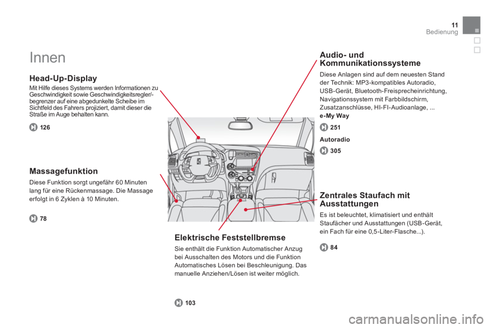 CITROEN DS5 2013 Betriebsanleitungen (in German) 11Bedienung
Innen
Head-Up-Display
Mit Hilfe dieses Systems werden Informationen zu Geschwindigkeit sowie Geschwindigkeitsregler/-
begrenzer auf eine abgedunkelte Scheibe im Sichtfeld des Fah CITROEN DS5 2013 Betriebsanleitungen (in German) 11Bedienung
Innen
Head-Up-Display
Mit Hilfe dieses Systems werden Informationen zu Geschwindigkeit sowie Geschwindigkeitsregler/-
begrenzer auf eine abgedunkelte Scheibe im Sichtfeld des Fah