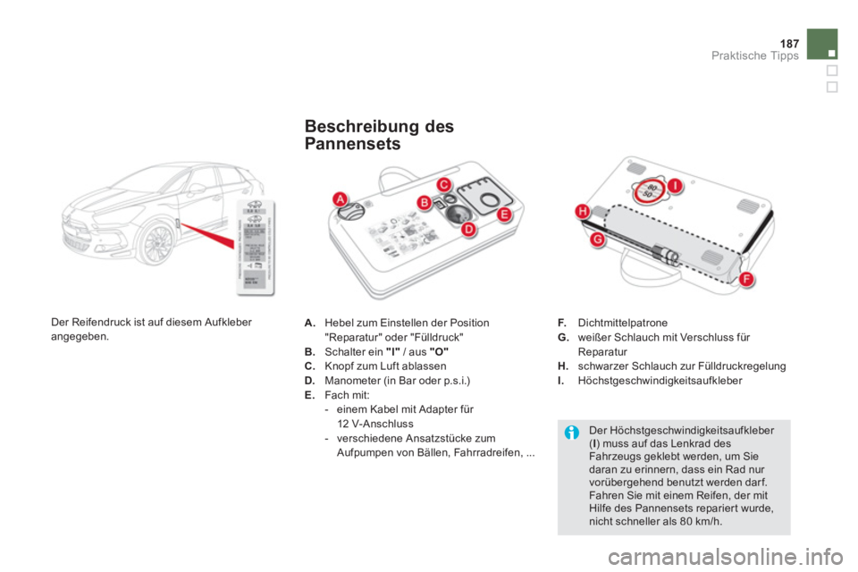 CITROEN DS5 2013  Betriebsanleitungen (in German) 187
Praktische Tipps
A.   Hebel zum Einstellen der Position "Reparatur" oder "Fülldruck" 
B.   Schalter ein "I" 
 / aus "O"C. 
  Knopf zum Luft ablassenD. 
 Manometer (in Bar oder p.s.i.)E. 
 Fach mi